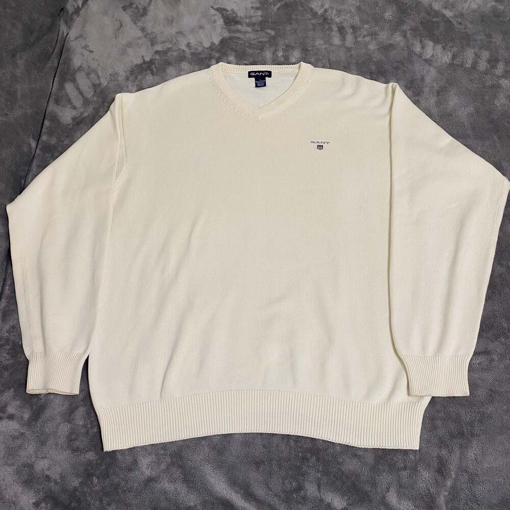 Vintage GANT Cream 100% Cotton V-Neck Sweater Size Large